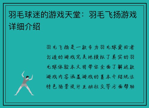 羽毛球迷的游戏天堂：羽毛飞扬游戏详细介绍